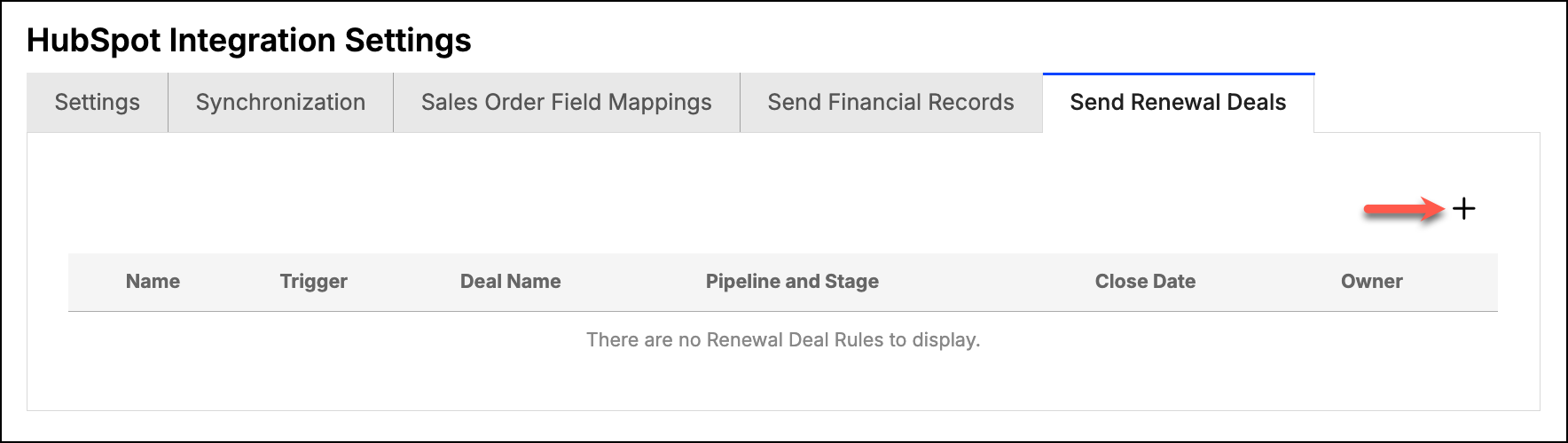 Send Renewal Deals tab, with the plus icon and the empty rules list