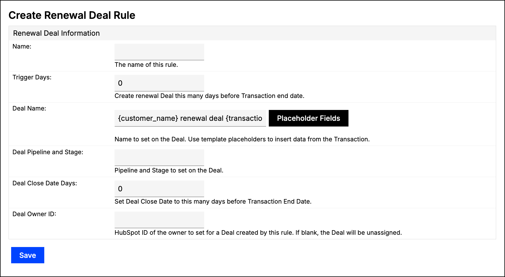 Create Renewal Deal Rule screen, showing the Renewal Deal Information fields