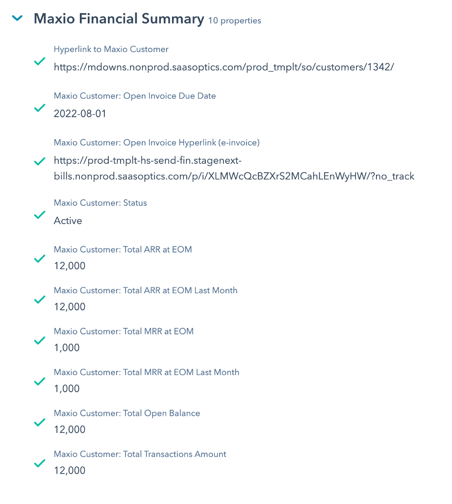 Maxio Financial Summary property group on a HubSpot Company record