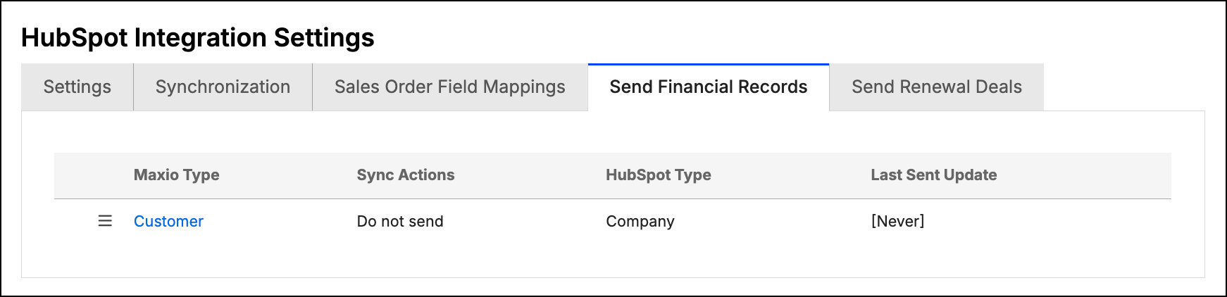 Send Financial Records tab, listing the Customer row