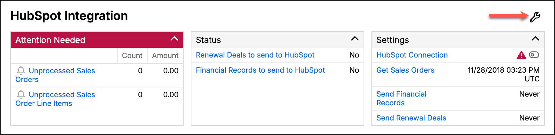 HubSpot Integration page, with the wrench icon in the top-right corner