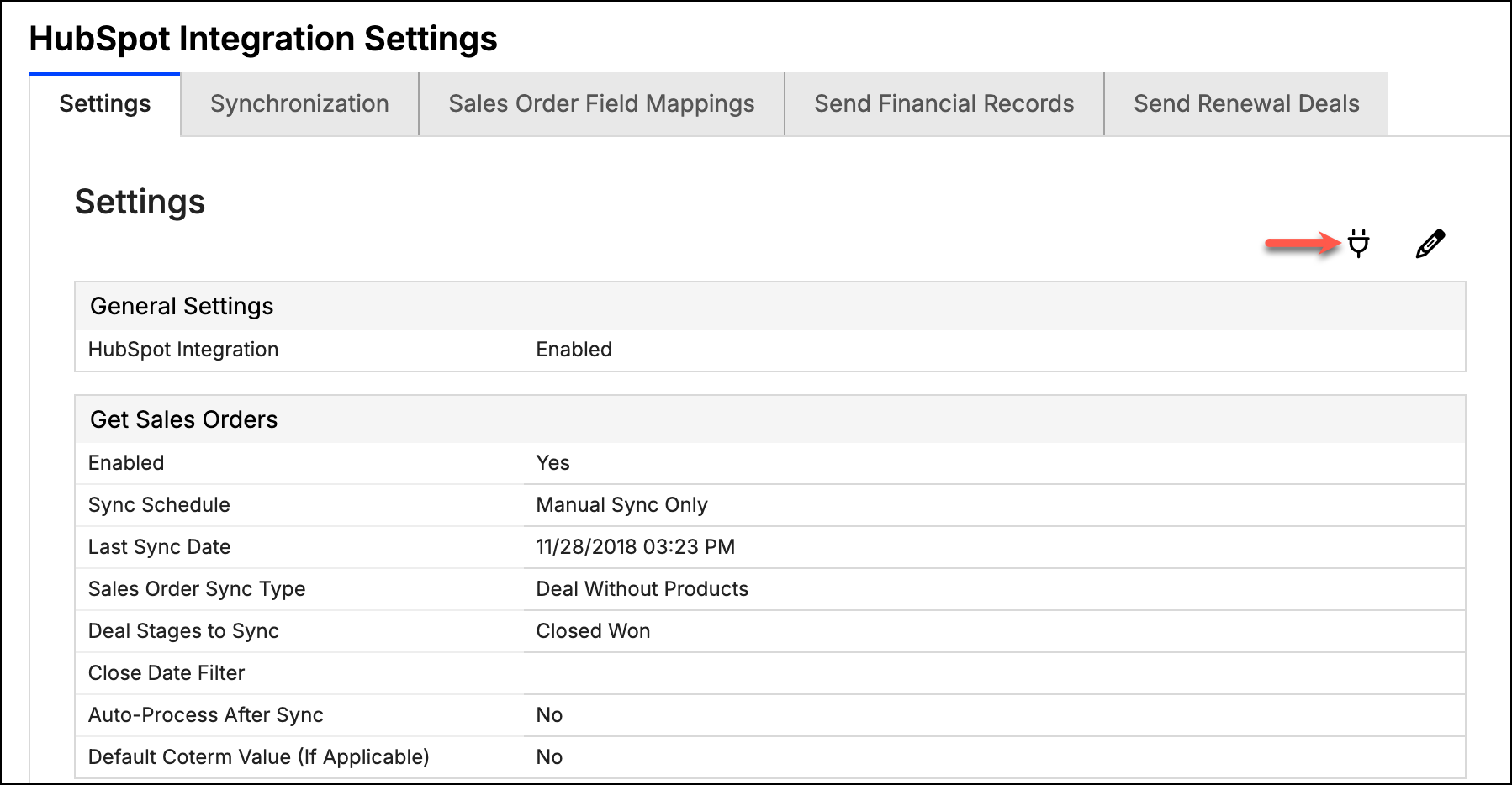 Settings tab of HubSpot Integration Settings, with the plug and pencil icons