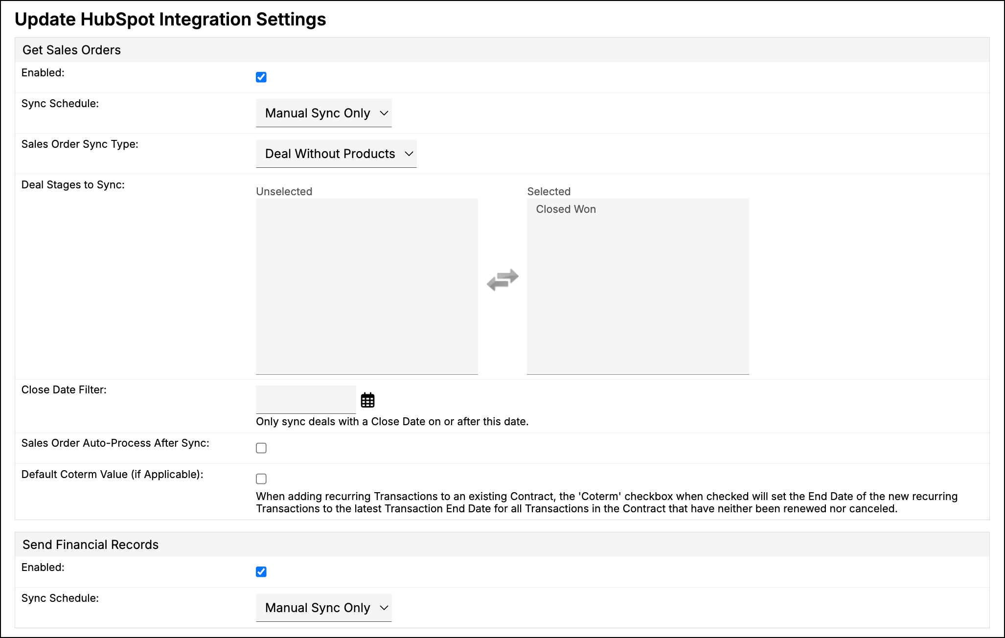 Update HubSpot Integration Settings, showing the Get Sales Orders section