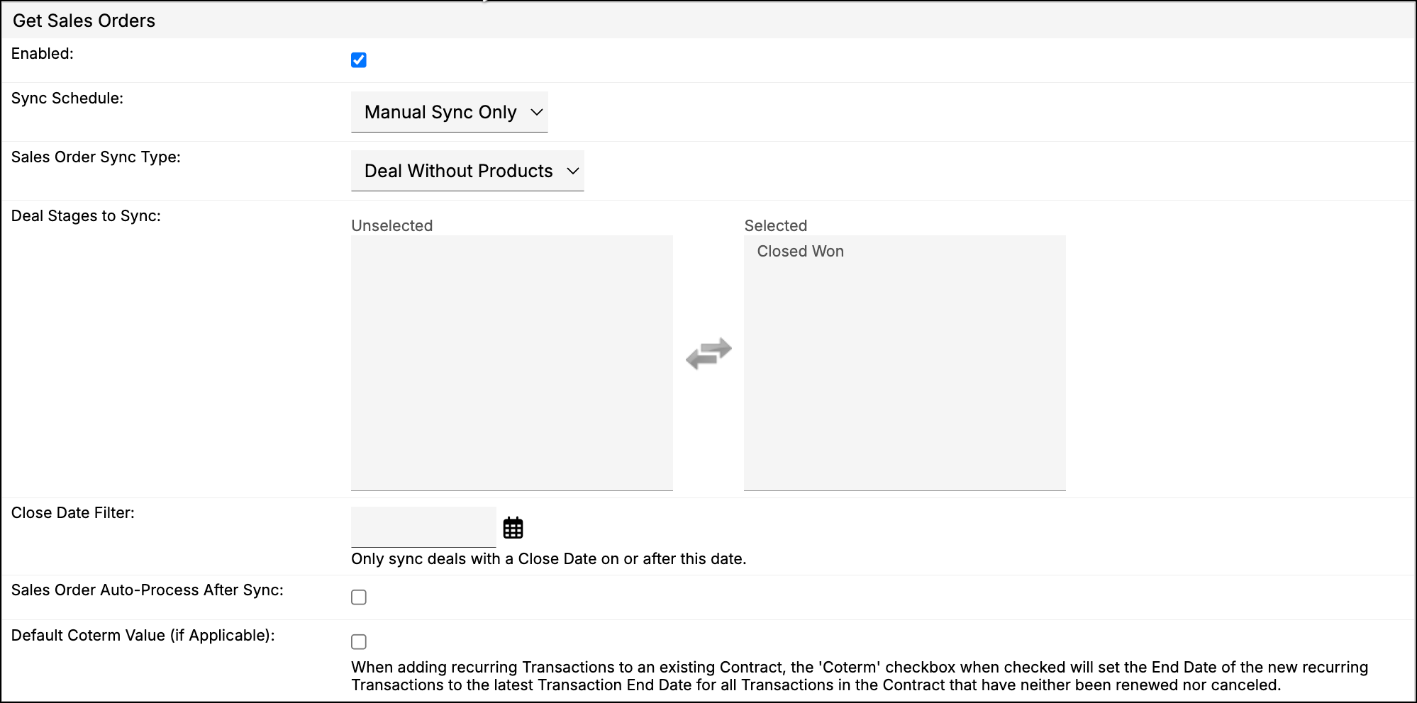 Get Sales Orders section, showing the Deal Stages to Sync selector