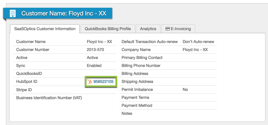 Customer record showing a HubSpot ID field with a clickable ID