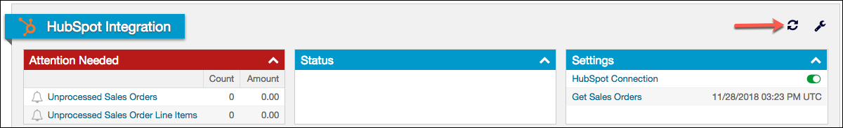 HubSpot Integration page, with the sync icon beside the wrench in the top-right corner