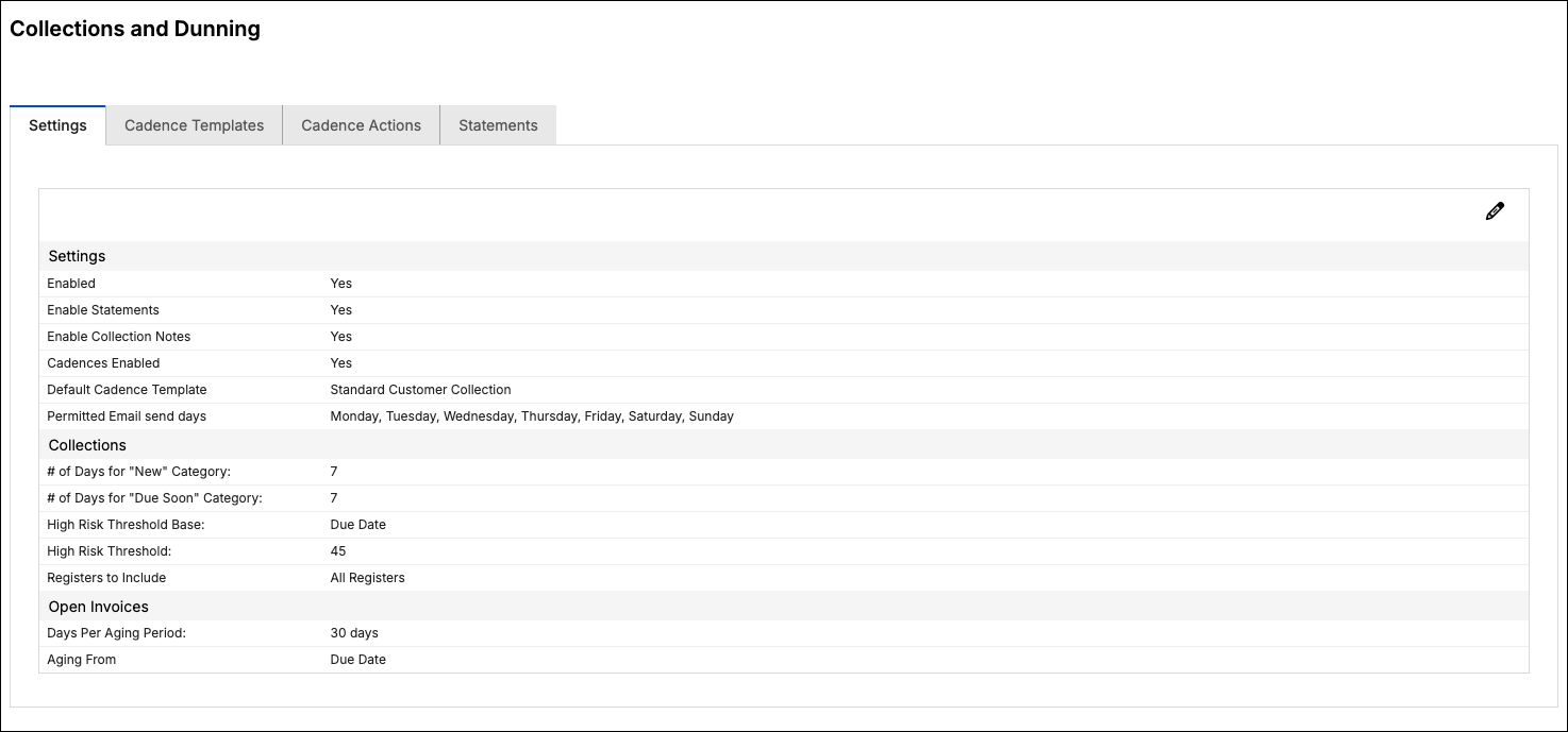 Settings tab of the Collections and Dunning screen, grouped into Settings, Collections, and Open Invoices