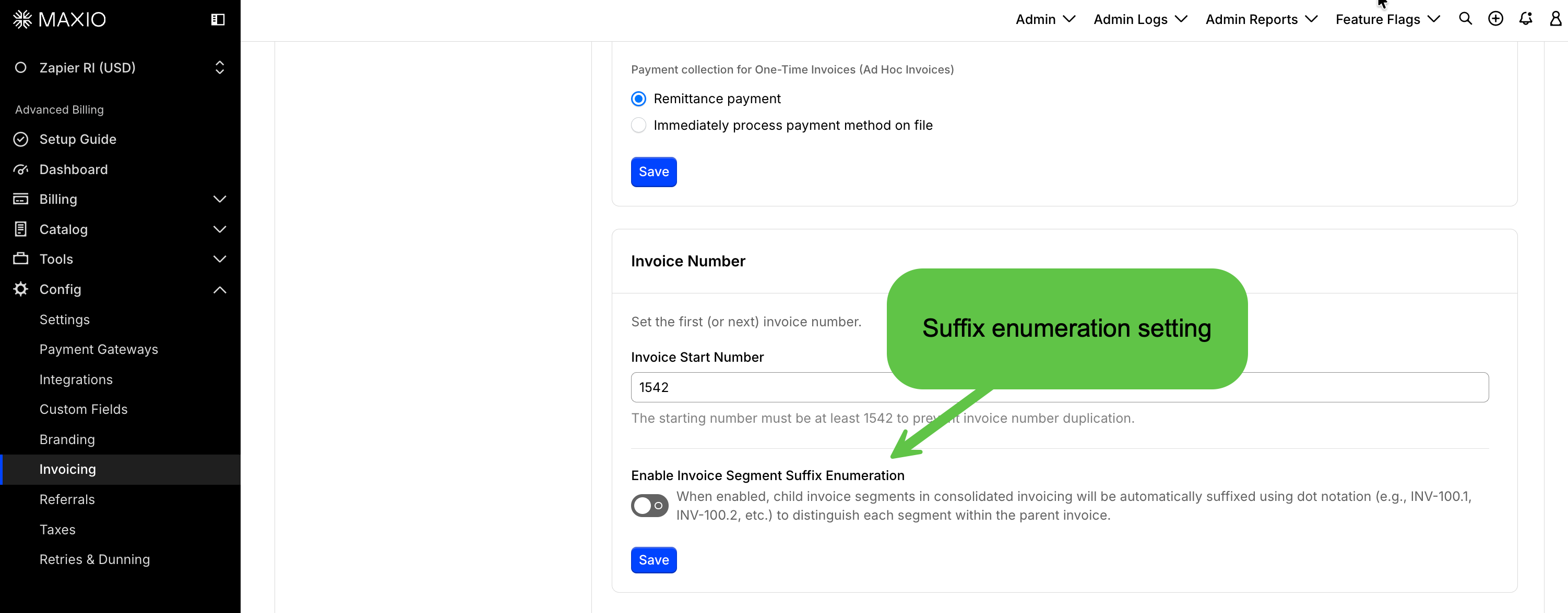 Invoice Number settings card, showing the Invoice Start Number field and the Enable Invoice Segment Suffix Enumeration toggle