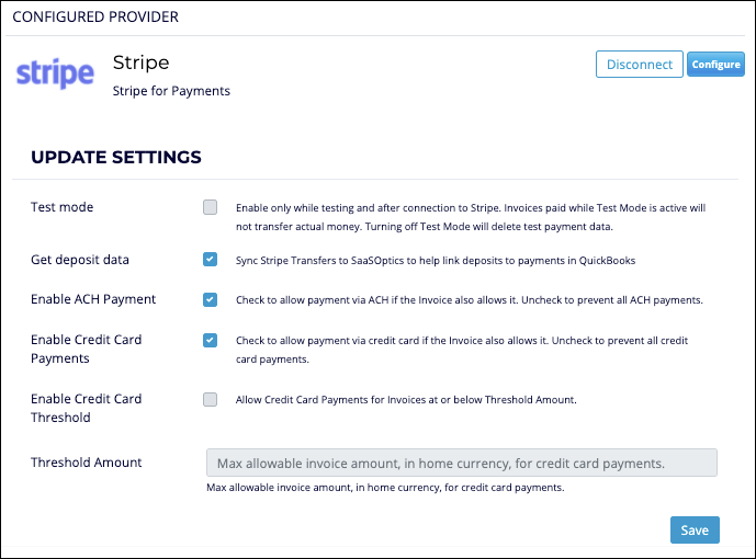 Update Settings panel for Stripe, showing the deposit, payment, and threshold settings