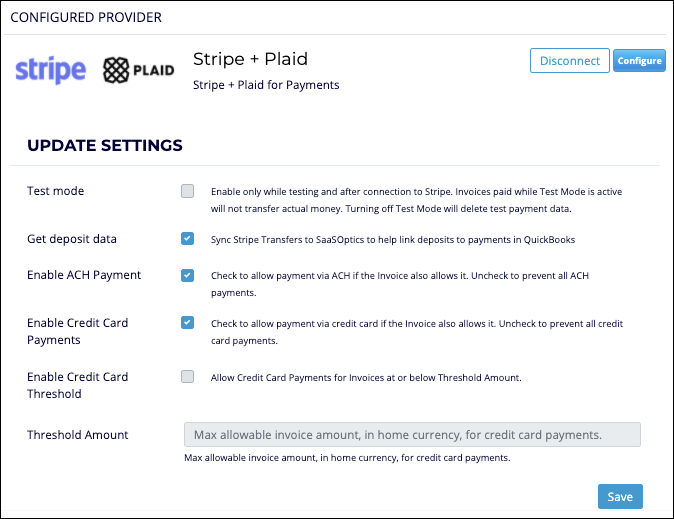 Update Settings panel for Stripe + Plaid, showing the deposit, payment, and threshold settings