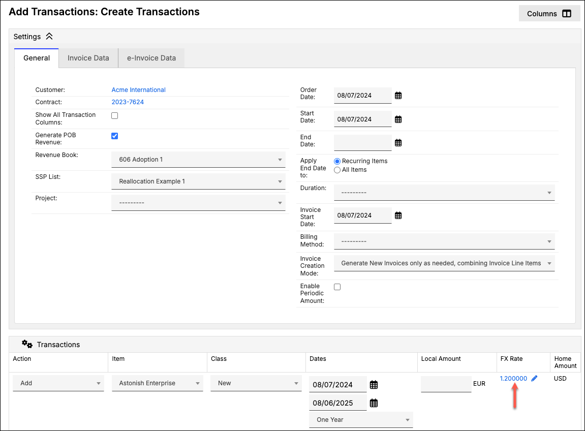 Transactions grid showing a transaction that picked up a modified FX rate