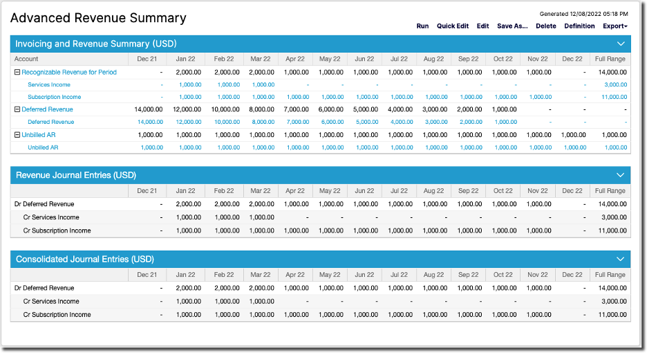Advanced Revenue Summary showing Recognizable Revenue, Deferred Revenue, and Unbilled AR rows