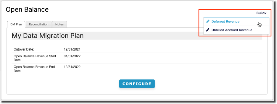 Build menu open, showing the Deferred Revenue and Unbilled Accrued Revenue options