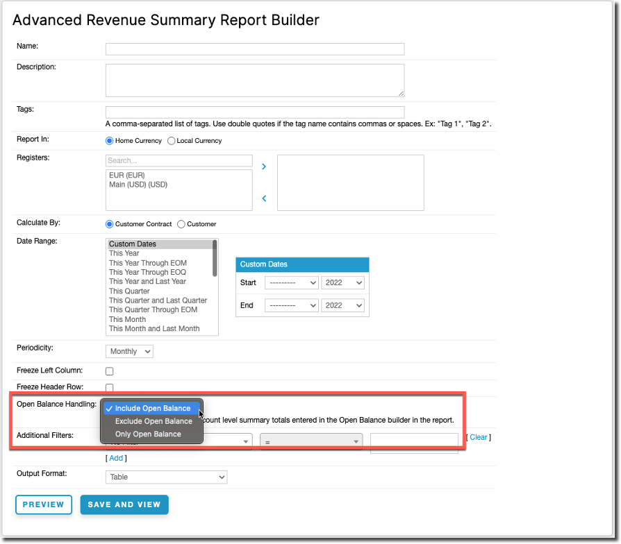 Advanced Revenue Summary report builder with the Open Balance Handling options open