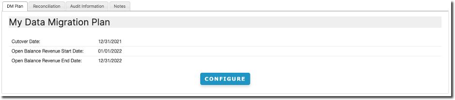DM Plan tab showing the cutover date, revenue start and end dates, and the Configure button