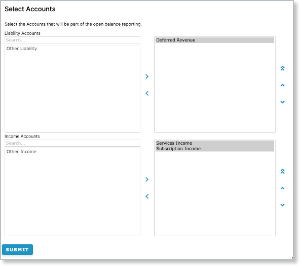 Select Accounts dialog with separate Liability Accounts and Income Accounts selectors
