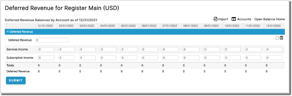 Empty Deferred Revenue builder with a column per month and a row per income account