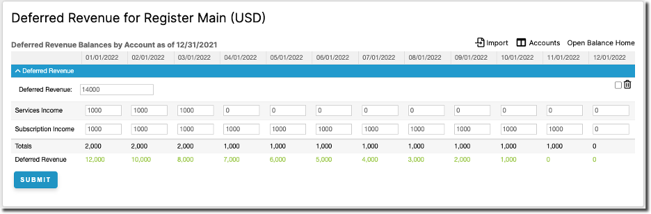 Completed Deferred Revenue builder with a green running balance reaching zero