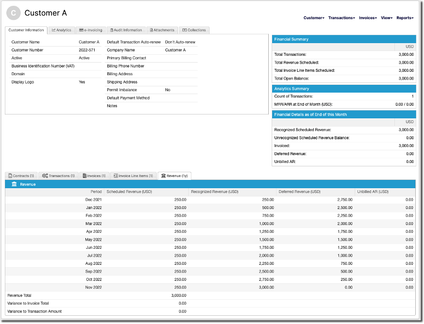 Customer A record showing the new Transaction and its revenue schedule