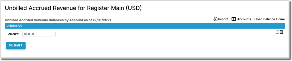 Unbilled Accrued Revenue builder with a single amount field