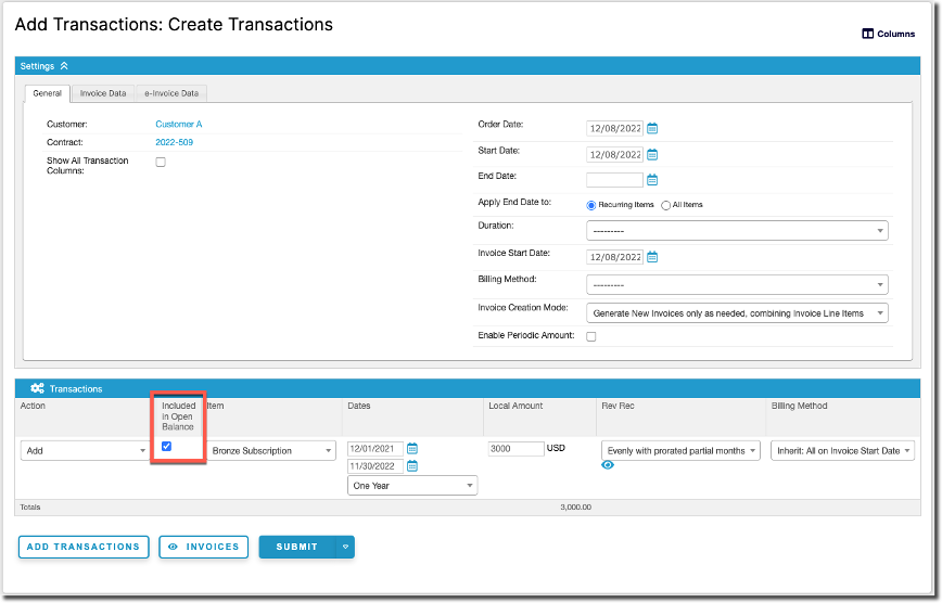 Add Transactions screen with the Included in Open Balance column selected