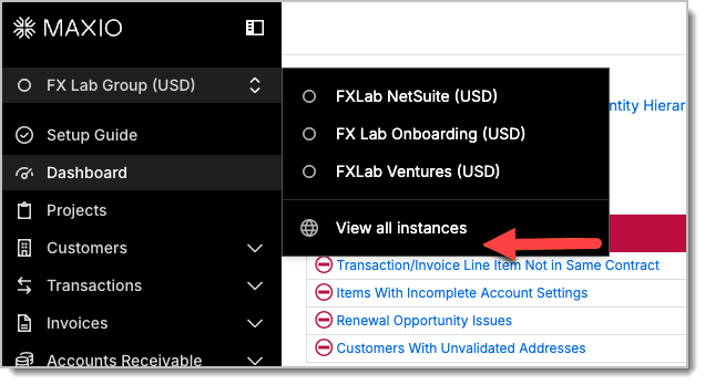 Instance switcher open in the left navigation pane, listing the other instances in the current organization