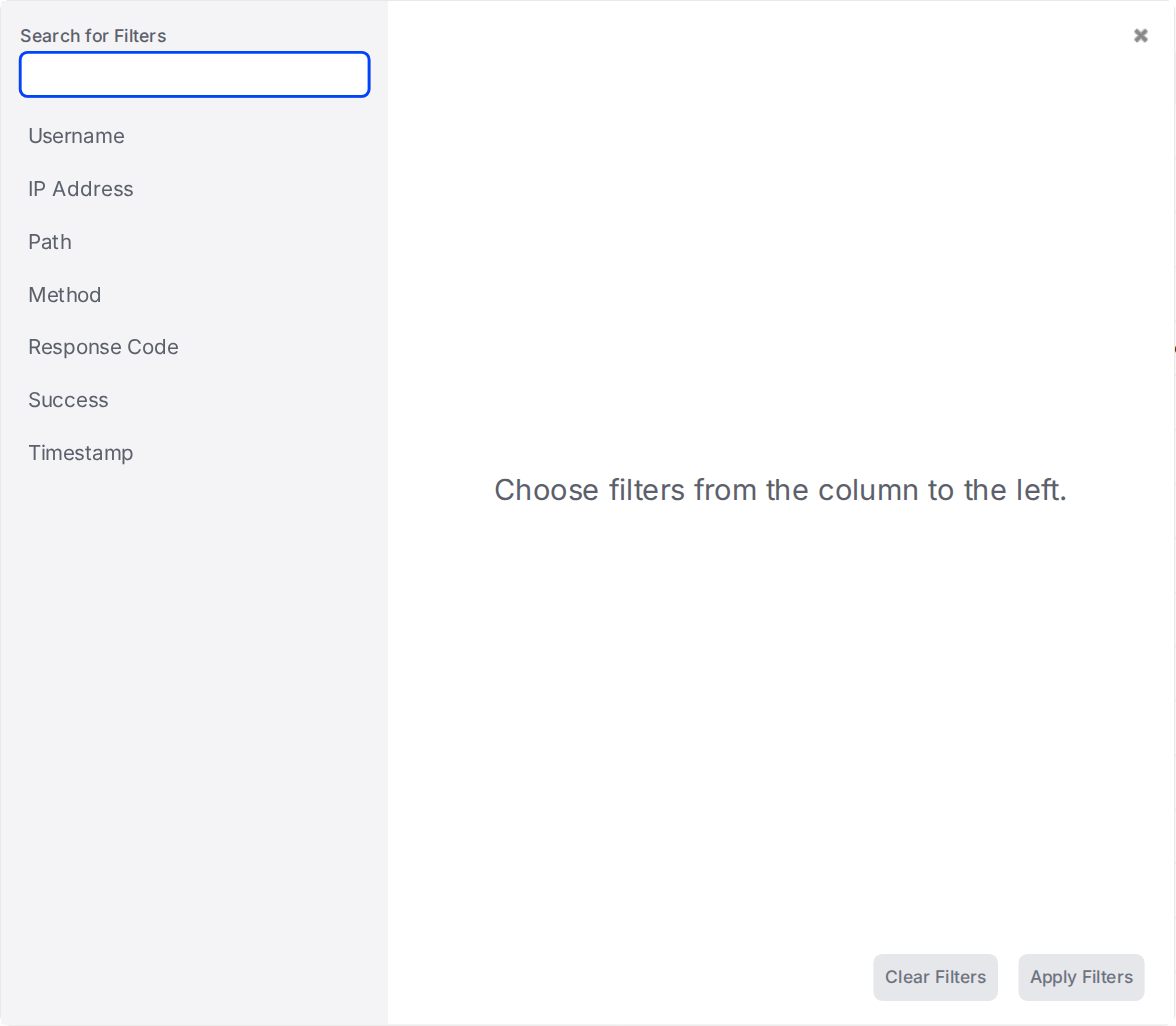 The Activity Logs filter dialog listing the Username, IP Address, Path, Method, Response Code, Success and Timestamp filters