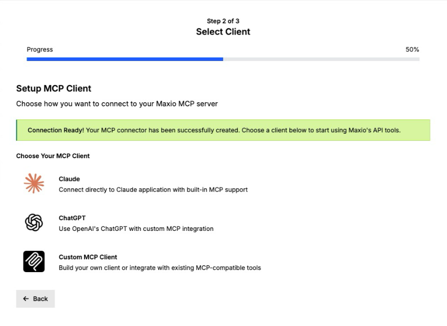 Setup MCP Client wizard at step two, with a connection-ready banner and a choice of assistant clients