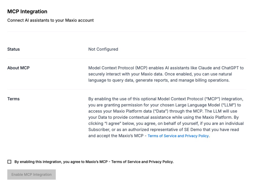MCP Integration page showing status not configured, an explanation of the Model Context Protocol, and the terms granting an assistant access