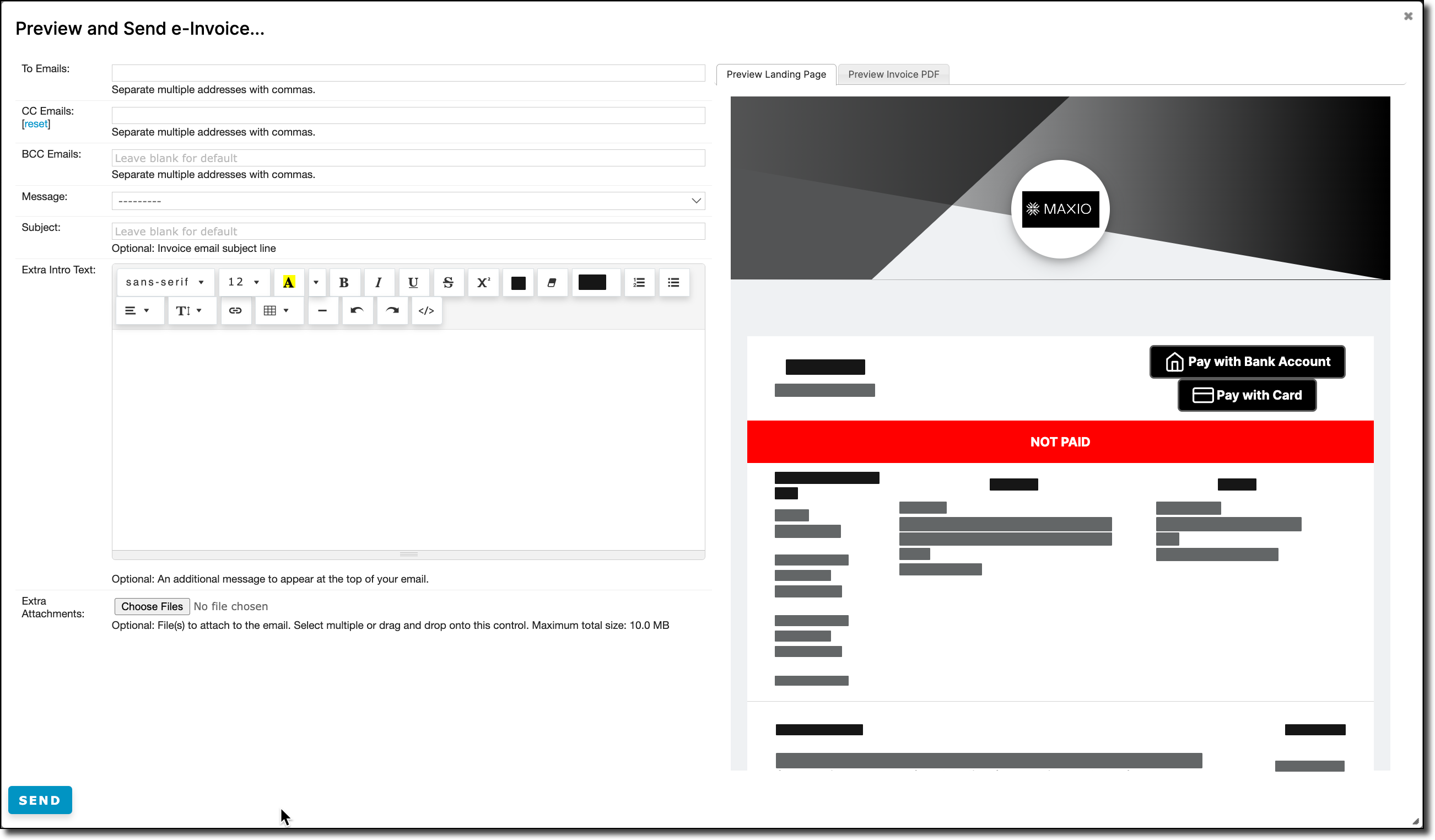 a Preview and Send e-Invoice screen showing the rendered bill