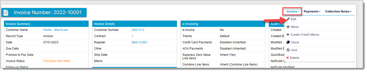an invoice with the Invoice drop-down open on Edit