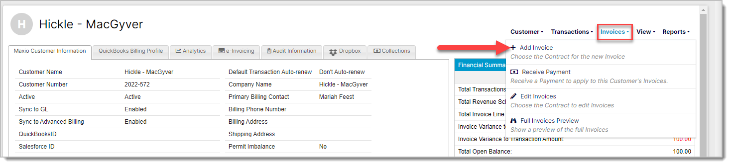 a customer record with its hover menu open