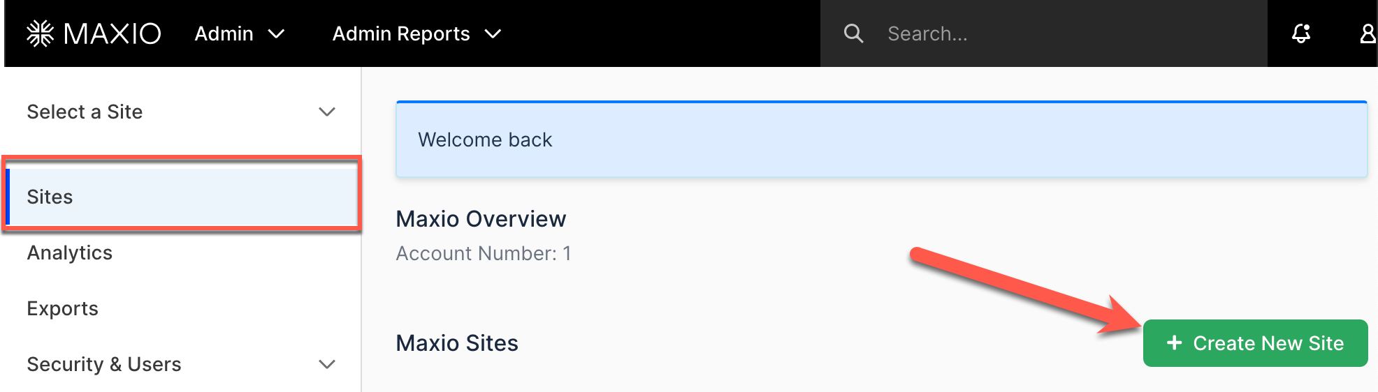 the Sites tab with an existing site listed