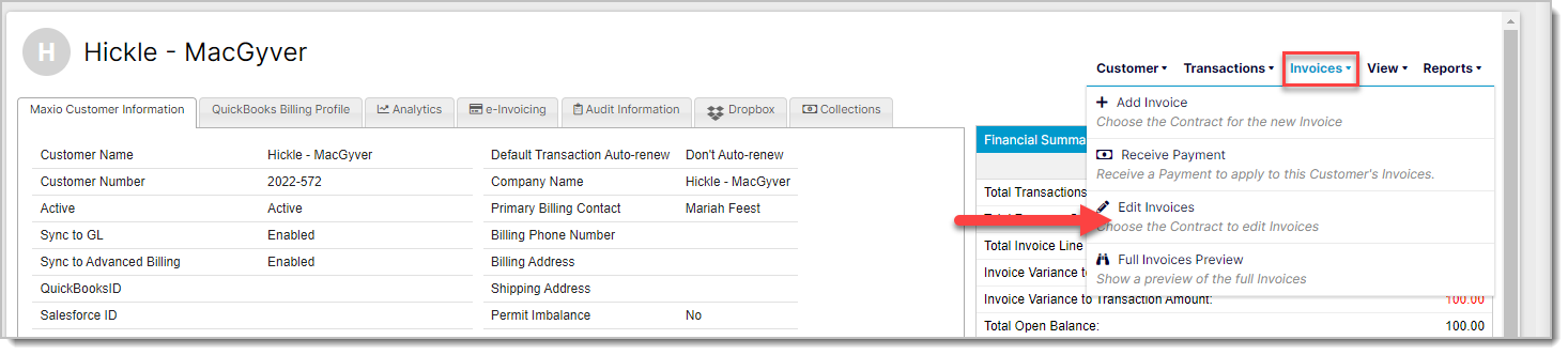 the customer's invoice list, reached from the Invoices drop-down