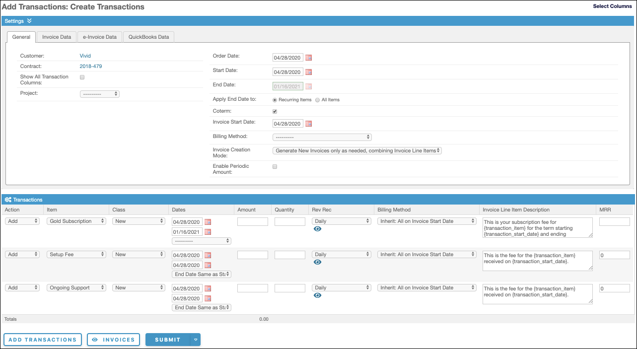 the Add Transactions screen