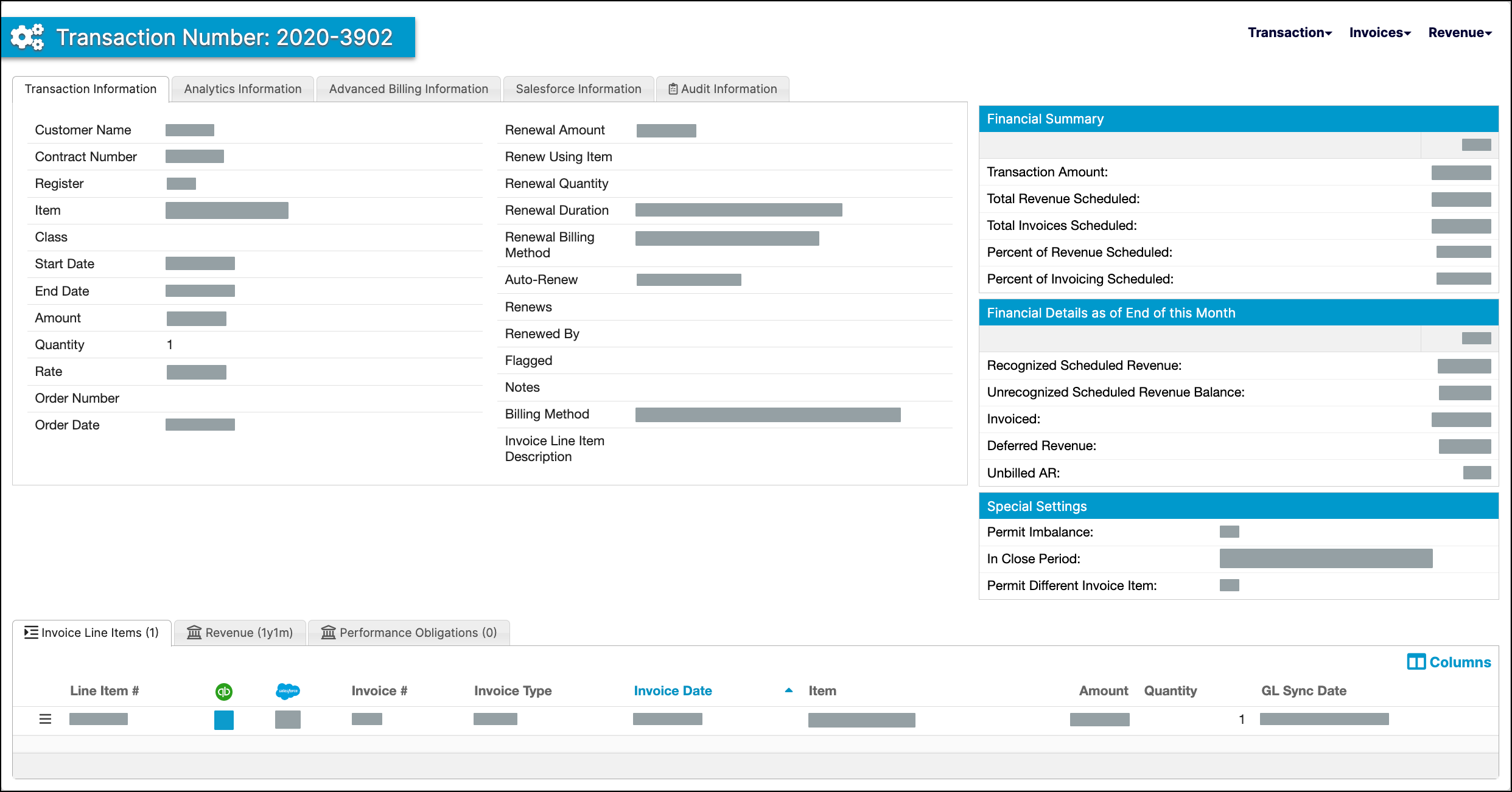 a transaction record with its contract, amounts and dates