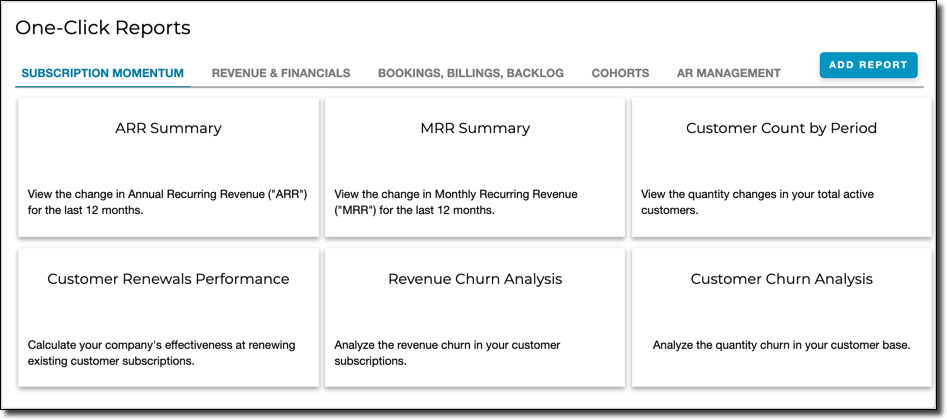 the One-Click Reports gallery of pre-built report tiles