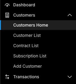 the left navigation with Customers expanded over its sub-entries