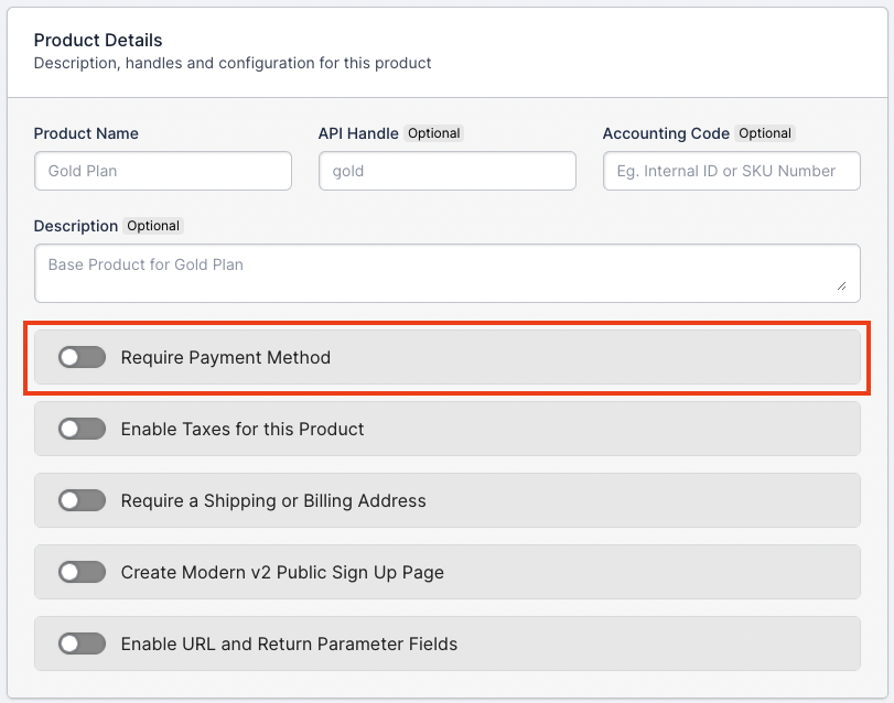 a Product Details panel with Require Payment Method switched off and outlined in red