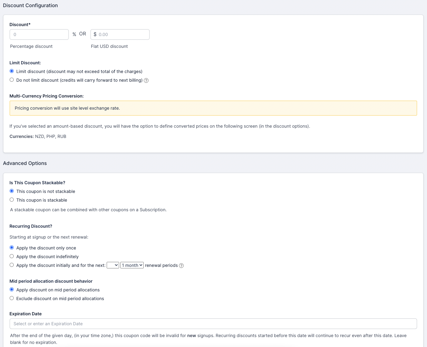 a coupon's Discount Configuration form, with a percentage discount and checkboxes limiting which charges it applies to