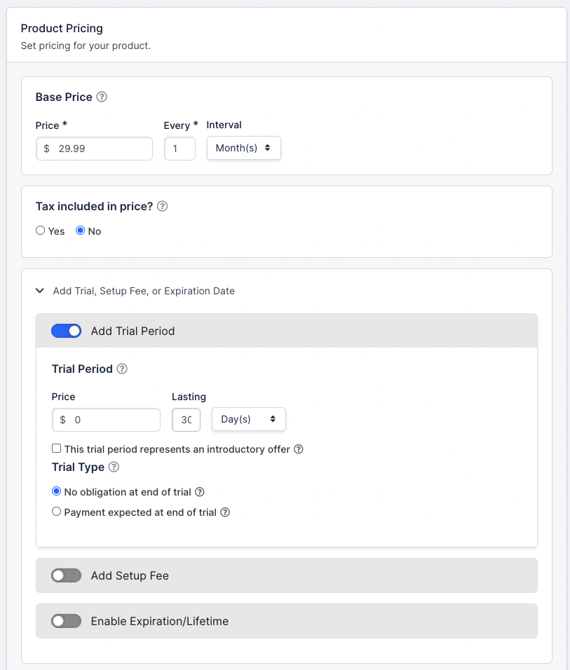 a Product Pricing panel: a monthly base price, tax-inclusive radios, and a trial period