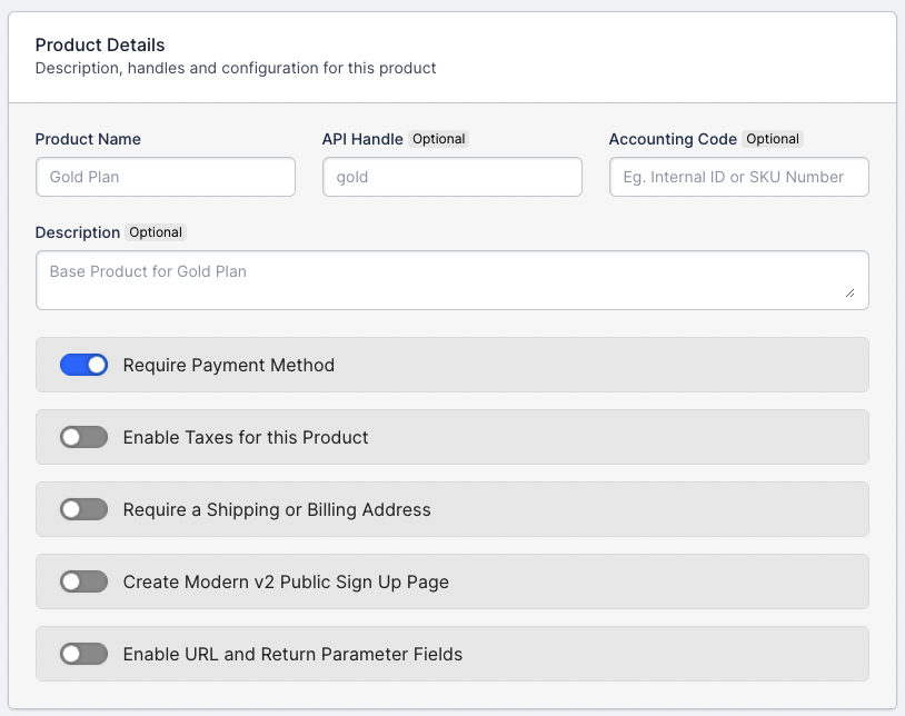 a Product Details panel with Require Payment Method switched on among its five toggles