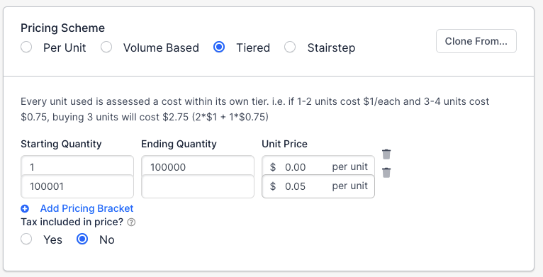 a Pricing Scheme panel with Tiered selected, showing a bracket of 1 to 100,000 units at $0.00 each and a second bracket from 100,001 at $0.05 each