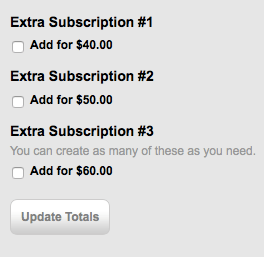 three on/off checkboxes, Extra Subscription #1 through #3, priced at $40, $50 and $60, above an Update Totals button
