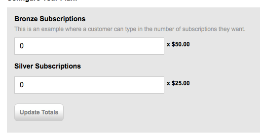 a Configure Your Plan step with quantity fields for Bronze Subscriptions at $50.00 each and Silver Subscriptions at $25.00 each
