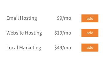 three add-on rows -- Email Hosting $9/mo, Website Hosting $19/mo and Local Marketing $49/mo -- each with its own add button