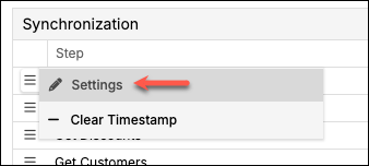 a Synchronization step list with one step's hover menu open