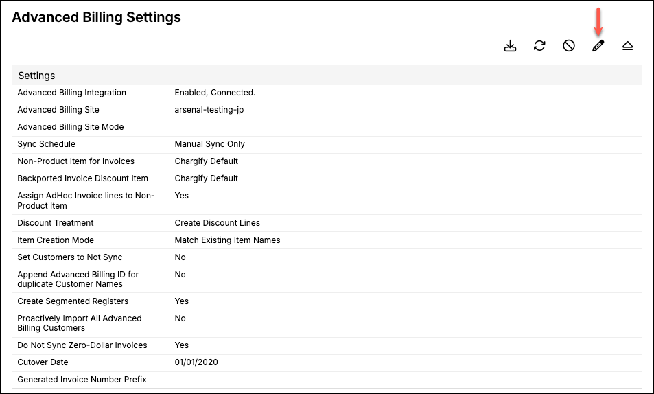 the Advanced Billing Settings page, with an arrow to the toolbar's edit icon