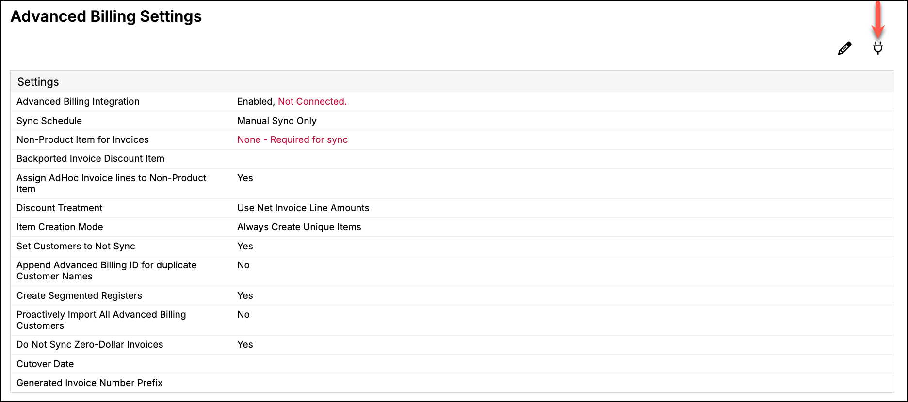 the Advanced Billing Settings page before connection, with Not Connected shown in red