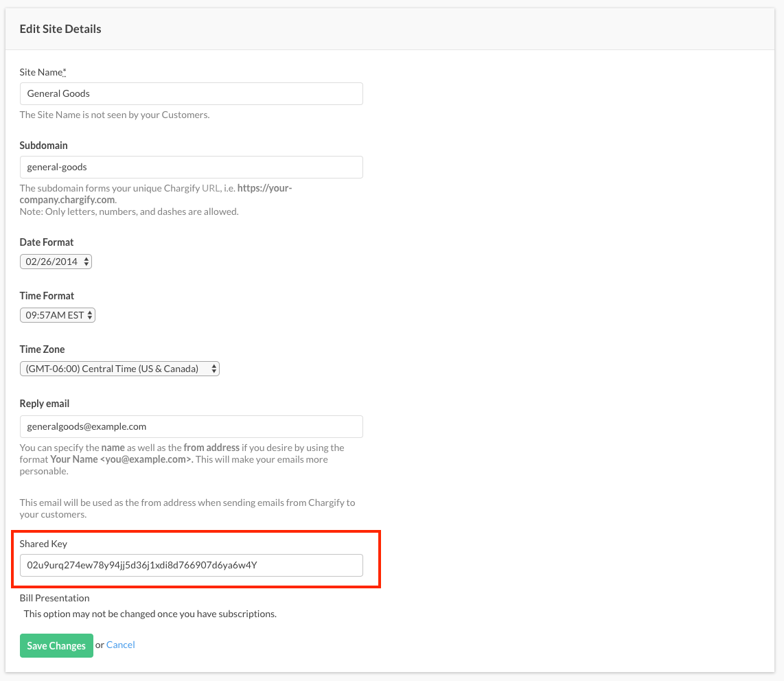 the Edit Site Details form, with the Shared Key field highlighted near the bottom below Site Name, Subdomain and Reply email